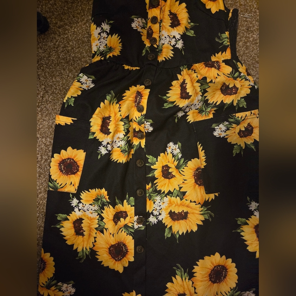 Sunflower Print Black Dress